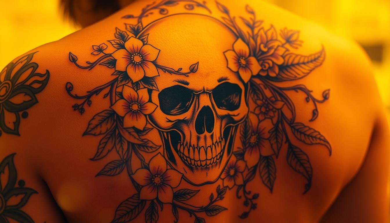 Memento Mori Tattoo mit floralen Elementen